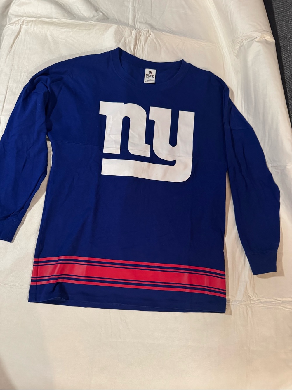 PINK Victoria's Secret Royal Blue Long-Sleeve Tee with White Logo and Red Stripe
